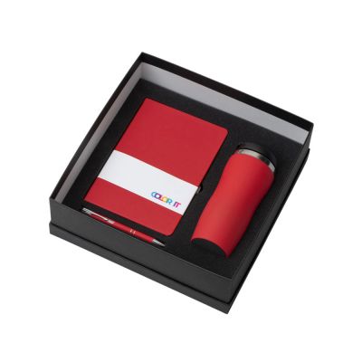 Подарочный набор с блокнотом С2, металлической ручкой и термокружкой, красный-1