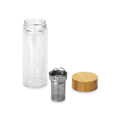 Стеклянный термос из стекла с двойными стенками и ситечком 320 мл Badachu в чехле, прозрачный-2