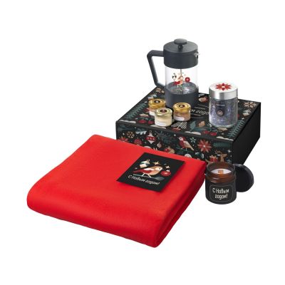 Подарочный набор c пледом, френчпрессом, чаем и медом, красный-0