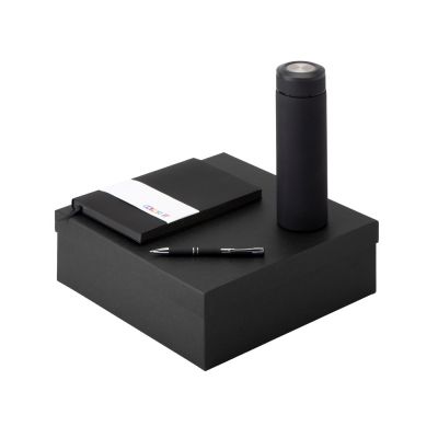 Подарочный набор с блокнотом С1, металлической ручкой и термосом, черный-0
