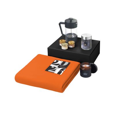 Подарочный набор c пледом, френчпрессом, чаем и медом, оранжевый-1
