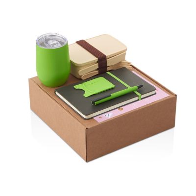 Набор с термокружкой, блокнотом, ручкой и ланчбоксом Refreshment, зеленое яблоко-0