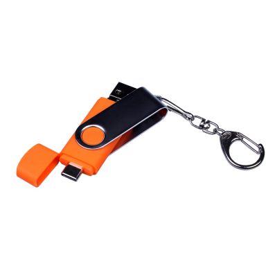 USB-флешка на 32 Гб поворотный механизм, c двумя дополнительными разъемами MicroUSB и TypeC, оранжевый-3