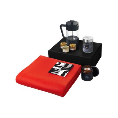 Подарочный набор c пледом, френчпрессом, чаем и медом, красный-1