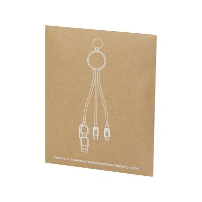 Кабель для зарядки Tecta 6 в 1 из переработанного пластика/бамбука с брелком, сплошной черный-5