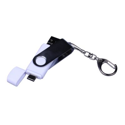 USB-флешка на 32 Гб поворотный механизм, c двумя дополнительными разъемами MicroUSB и TypeC, белый-3