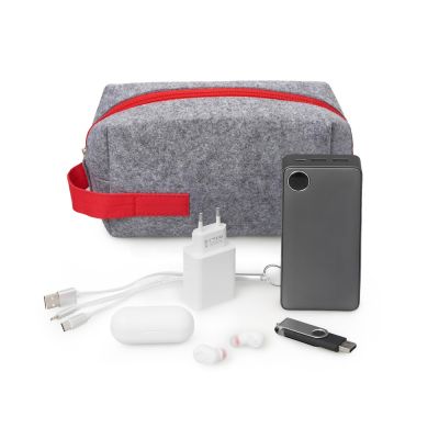 Органайзер для электроники и проводов Felt из RPET-фетра с ручкой, серый с красным-0