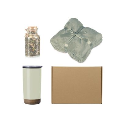 Подарочный набор с пледом, термокружкой и чаем, оливковый-0