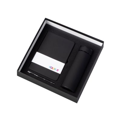 Подарочный набор с блокнотом С1, металлической ручкой и термосом, черный-1