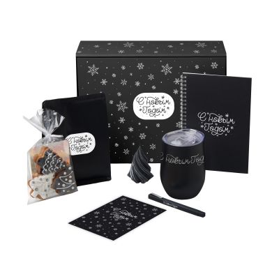 Подарочный набор c термокружкой, блокнотом, ручкой и свечкой, черный-0