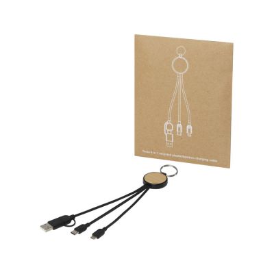 Кабель для зарядки Tecta 6 в 1 из переработанного пластика/бамбука с брелком, сплошной черный-3