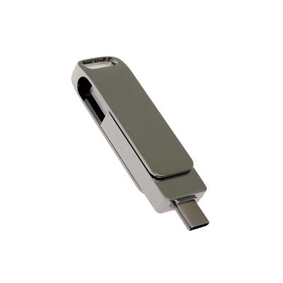 USB 2.0- флешка на 64 Гб поворотный механизм 2 в 1, c дополнительным разъемом Type-C с одноцветным металлическим клипом, серебристый-1