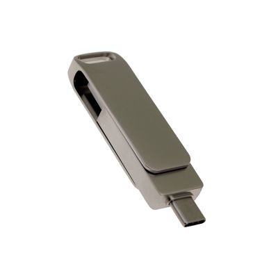 USB-флешка на 32 Гб поворотный механизм 2 в 1, c дополнительным разъемом Type-C с одноцветным металлическим клипом, серый-1