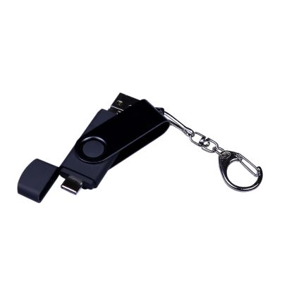 USB-флешка на 16 Гб 3 в 1 поворотный механизм, c двумя дополнительными разъемами MicroUSB и TypeC C с одноцветным металлическим клипом, черный-3