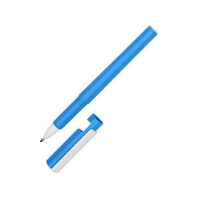 Ручка пластиковая шариковая трехгранная Nook с подставкой для телефона в колпачке, голубой/белый-4