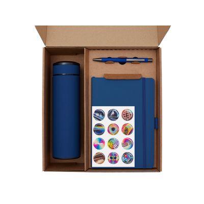 Подарочный набор с термосом, блокнотом, ручкой и чаем, синий-1