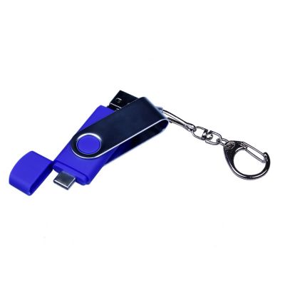 USB-флешка на 16 Гб поворотный механизм, c двумя дополнительными разъемами MicroUSB и TypeC, синий-3