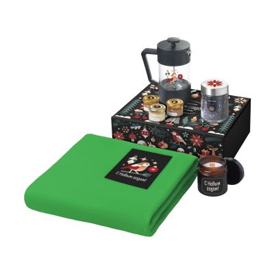 Подарочный набор c пледом, френчпрессом, чаем и медом, зеленый-0