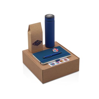 Подарочный набор с термосом, блокнотом, ручкой и чаем, синий-0