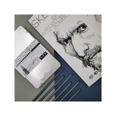 Набор чернографитовых карандашей  Sketch & Art ,12 шт. b-14b,  металлическая коробка с ложементом-3