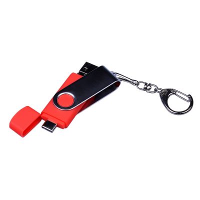 USB-флешка на 64 ГБ поворотный механизм, c двумя дополнительными разъемами MicroUSB и TypeC, красный-3
