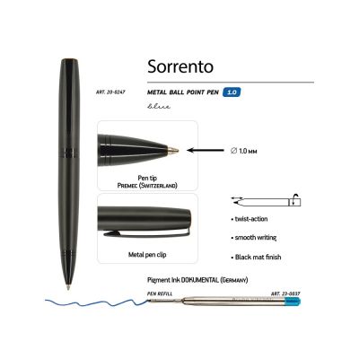 Ручка металлическая шариковая Sorento, 1,0мм, синие чернила, черный-2