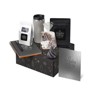 Подарочный набор c термокружкой, чаем, кофе и блокнотом, серый-0