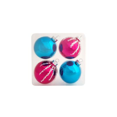Новогоднее подвесное украшение Бирюзово-розовый шар из стекла, набор из 4 штук / 6см-1