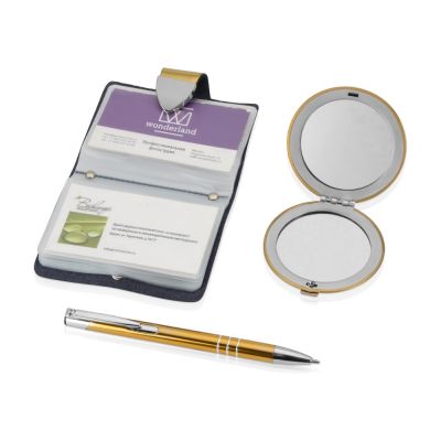Набор Чувства: шариковая ручка, зеркало, визитница, золотистый (Р)-1