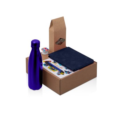 Подарочный набор с термобутылкой, блокнотом, ручкой и чаем, синий-0