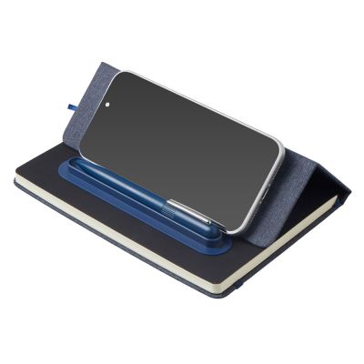 Набор блокнот А5 с магнитным держателем для ручки и подставкой для телефона и металлической шариковой ручкой NotaBene, темно-синий-1