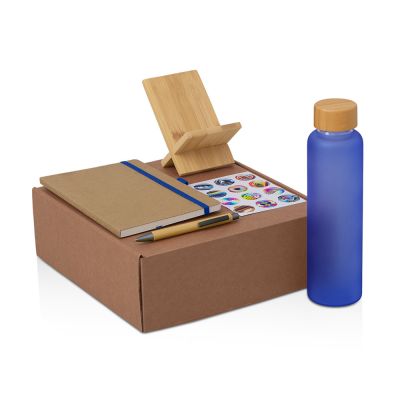 Подарочный набор с бутылкой для воды. блокнотом, ручкой и подставкой для телефона, синий-0