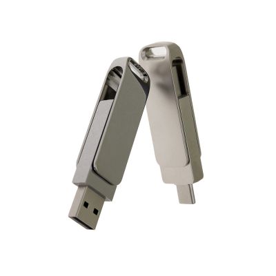 USB 2.0- флешка на 64 Гб поворотный механизм 2 в 1, c дополнительным разъемом Type-C с одноцветным металлическим клипом, серебристый-3