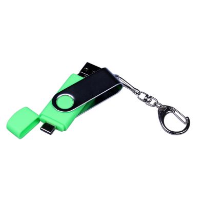 USB-флешка на 32 Гб поворотный механизм, c двумя дополнительными разъемами MicroUSB и TypeC, зеленый-3