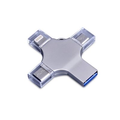 USB-флешка на 64 Гб 4 в 1 поворотный механизм, c дополнительными разъемами MicroUSB, TypeC и Lightning, серебристый-0