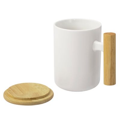 Кружка с ручкой и крышкой из каучукового дерева Jeny, белый-1