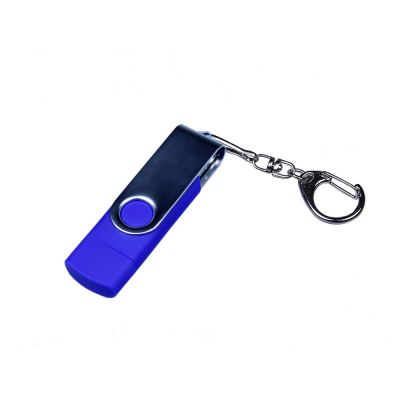USB-флешка на 32 Гб поворотный механизм, c двумя дополнительными разъемами MicroUSB и TypeC, синий-0