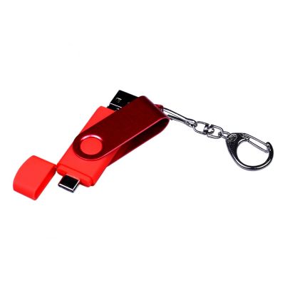 USB-флешка на 32 Гб 3 в 1 поворотный механизм, c двумя дополнительными разъемами MicroUSB и TypeC C с одноцветным металлическим клипом, красный-1
