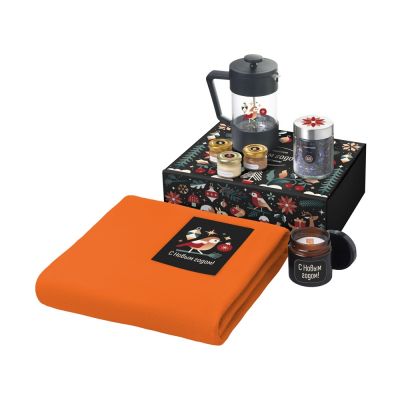 Подарочный набор c пледом, френчпрессом, чаем и медом, оранжевый-0