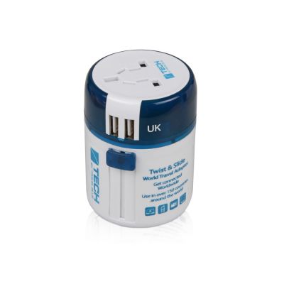 Адаптер с 2-умя USB-портами для зарядки Travel Blue Twist & Slide Adaptor голубой/белый-0