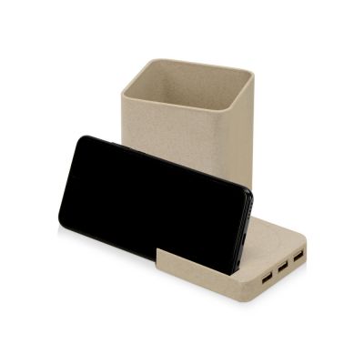 Настольный органайзер Cubic из пшеничного волокна с функцией беспроводной зарядки и выходами USB-4