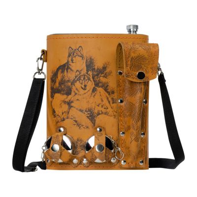 Набор Подарочный: фляга 511/2 (рыжая кожа), 2л+2 стаканчика+2 вилки-2