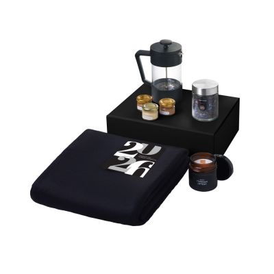 Подарочный набор c пледом, френчпрессом, чаем и медом, черный-1