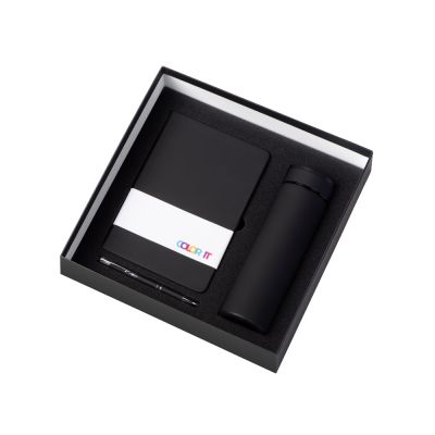 Подарочный набор с блокнотом С2, металлической ручкой и термосом, черный-1