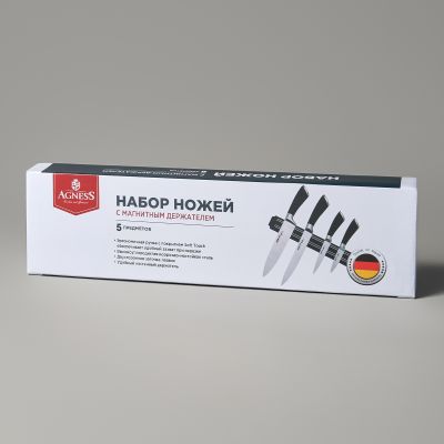 НАБОР НОЖЕЙ AGNESS 5 ПР.С МАГНИТНЫМ ДЕРЖАТЕЛЕМ И РУЧКОЙ ИЗ НЕРЖ.СТАЛИ-1