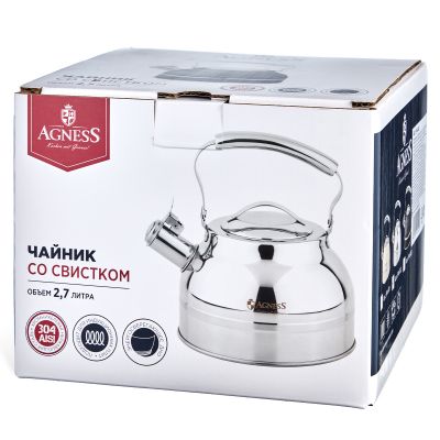 ЧАЙНИК AGNESS СО СВИСТКОМ 2,7Л, ТЕРМОАККУМУЛИРУЮЩЕЕ ДНО, 304 СТАЛЬ,  ИНДУКЦИЯ-8