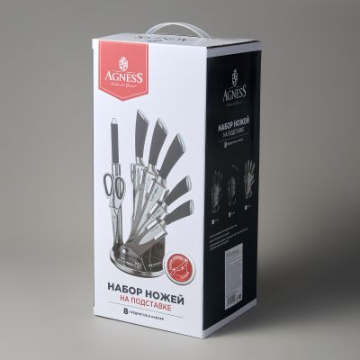 НАБОР НОЖЕЙ AGNESS НЖС НА ПЛАСТИКОВОЙ ВРАЩАЮЩЕЙСЯ ПОДСТАВКЕ 8 ПР. (КОР=6НАБОР.)-1