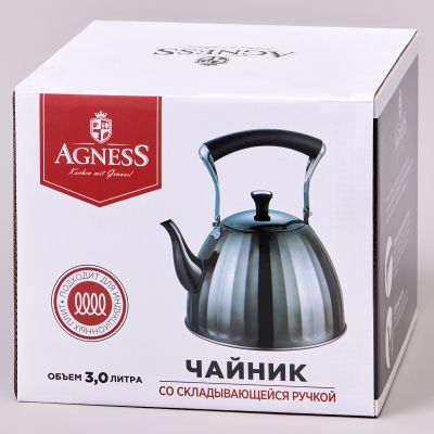 ЧАЙНИК AGNESS 3,0 Л СО СКЛАДЫВАЮЩЕЙСЯ РУЧКОЙ, СТАЛЬ 18/10,  ИНДУКЦИОННОЕ КАПСУЛЬНОЕ ДНО-1