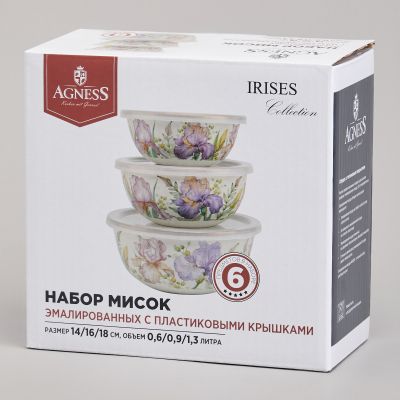 НАБОР МИСОК AGNESS ЭМАЛИРОВАННЫХ С ПЛАСТИК.КРЫШКАМИ, СЕРИЯ ФЛАНДРИЯ 6ПР 0,6/0,9/1,3Л ДИА. 14/16/18СМ-1