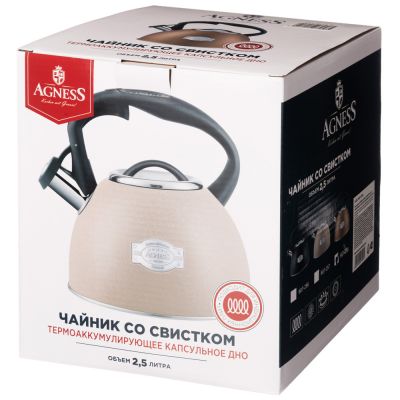 ЧАЙНИК AGNESS СО СВИСТКОМ, 2,5Л, C ШИЛЬДИКОМ, BLACK, ИНДУКЦИОН. КАПСУЛ. ДНО-1